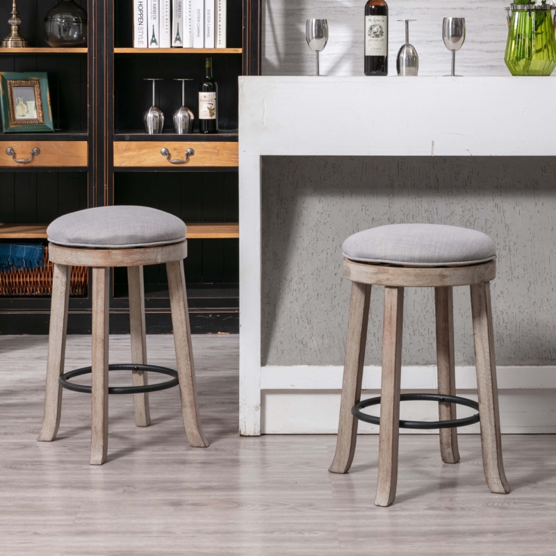 Counter Stool Whitewashed Wood Swivel Round Seat Linen Like Farmhouse