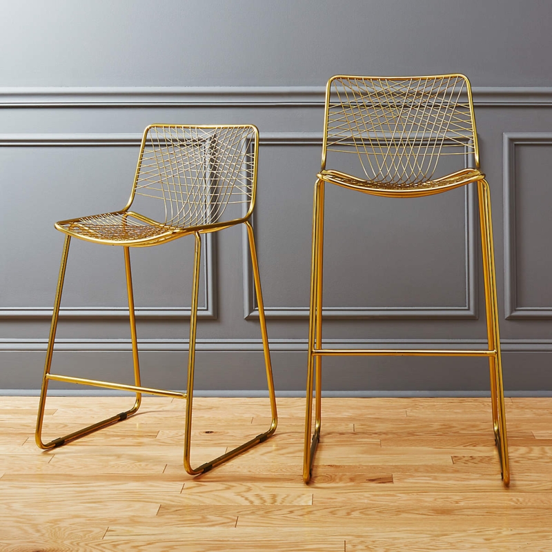 Counter Stool Wire Mesh Seat Sled Base Brass Finish Minimalist Glam