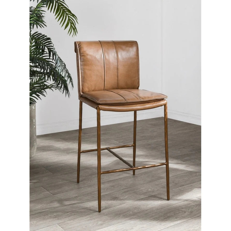 Counter Stool with Slim Bronze Frame and Vertical Channel Stitching