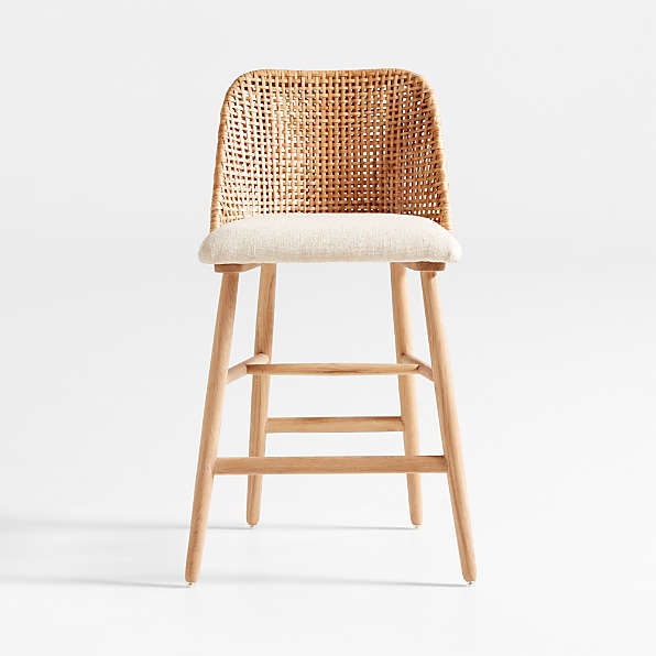 Counter Stool with Woven Rattan Back and Cream Upholstered Seat