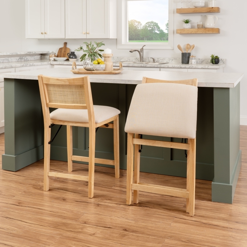 Counter Stool Wood Folding Frame Woven Cane Back Upholstered Seat