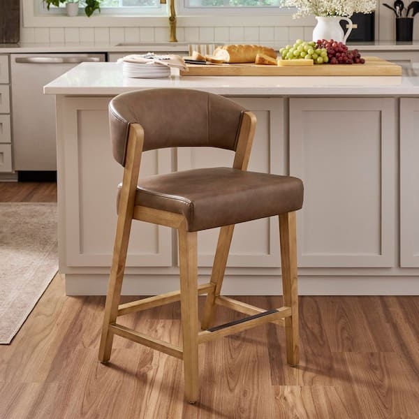 Counter Stool Wood Frame Curved Back Upholstery Transitional