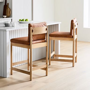 Counter Stool Wood Slab Back Brown Leather Look Cushioned Seat