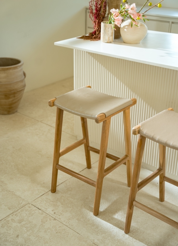 Counter Stool Wood Toned Leather Sling Seat Organic Modern Backless