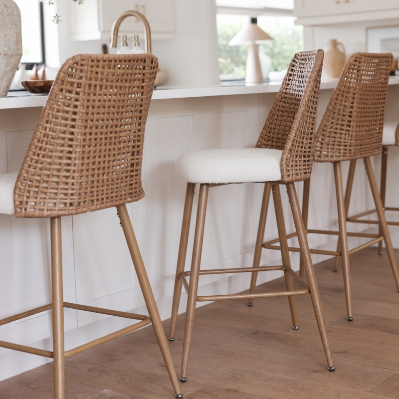 Counter Stool Woven Back White Boucle Seat Wood Legs Organic Modern