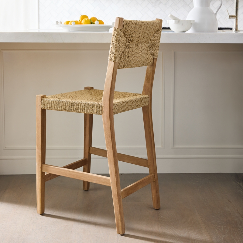 Counter Stool, Woven Backrest with Cross Weave Detail, Natural Wood Frame