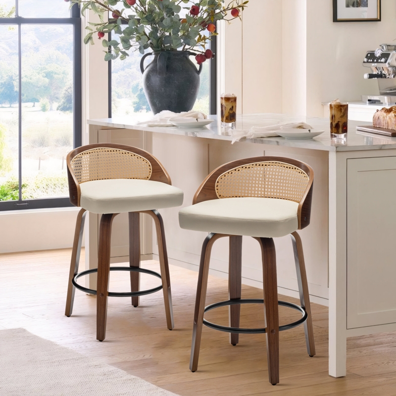 Counter Stool Woven Cane Back Curved Wood Swivel Base Mid-Century