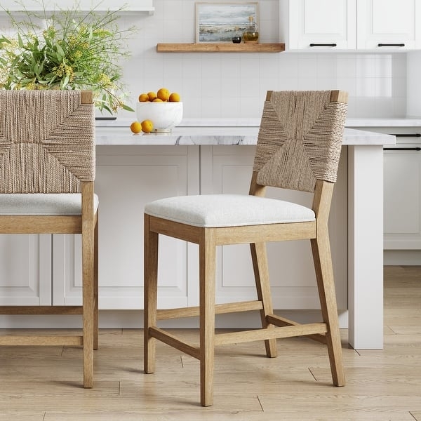 Counter Stool Woven Diamond Back White Boucle Seat