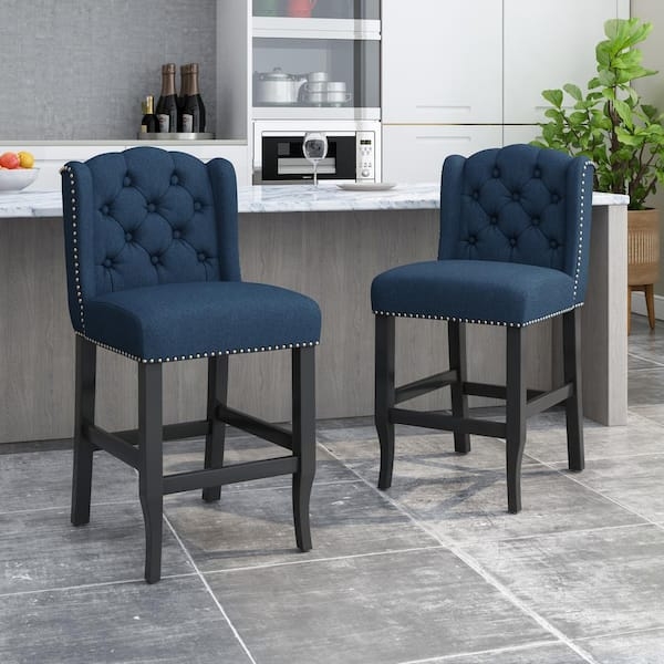 Counter Stool Woven Fabric Wingback Dark Wood Finish
