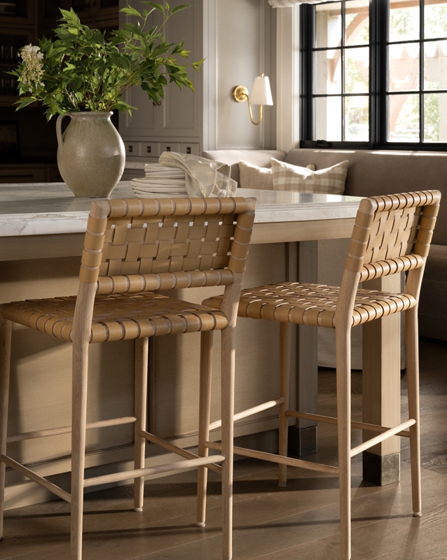 Counter Stool, Woven Leather-Like Straps, Light Wood Frame, Basketweave