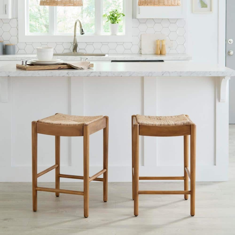 Counter Stool Woven Natural Fiber Seat Wood Toned Square Coastal