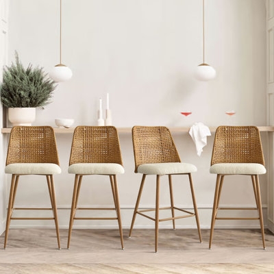 Counter Stool Woven Rattan Back with Cream Boucle Upholstery