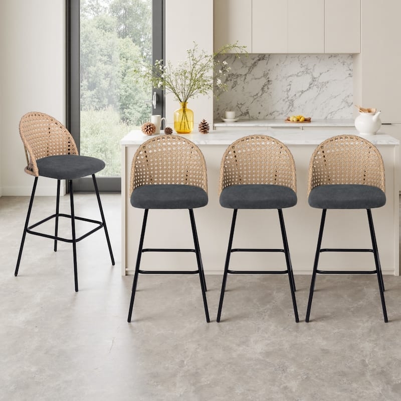 Counter Stool Woven Rattan Backrest Charcoal Seat Black Base