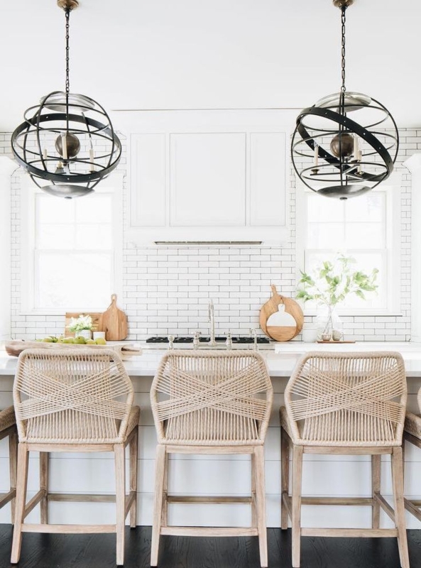 Counter Stool Woven Rope Back Criss Cross Pattern Coastal Kitchen