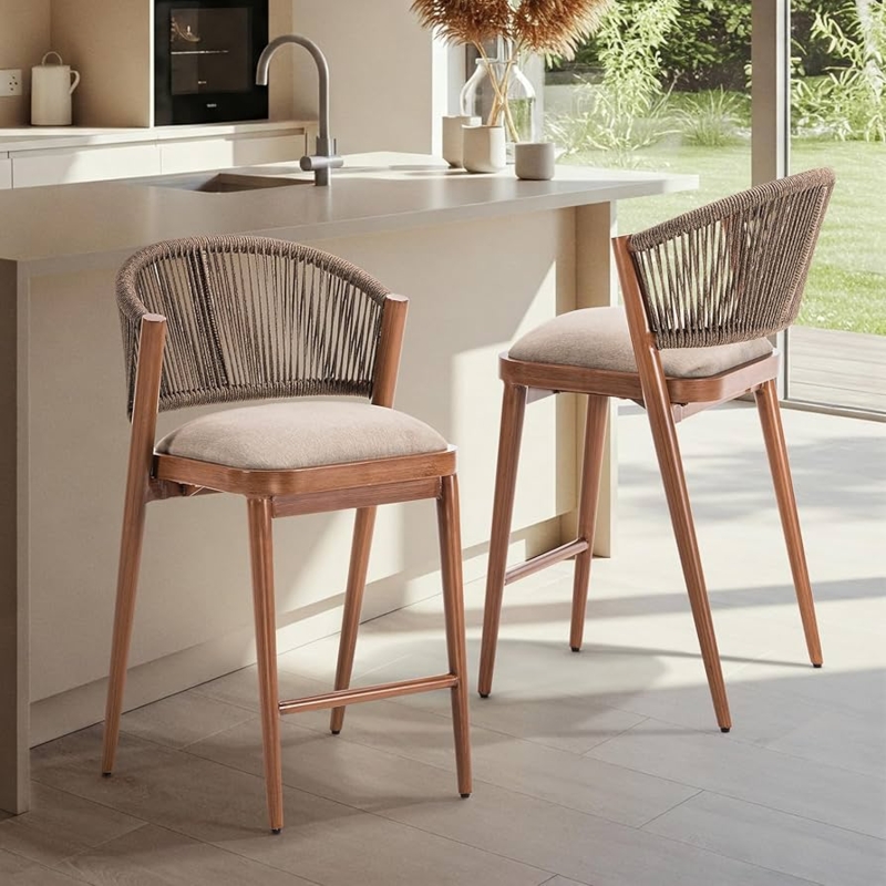 Counter Stool Woven Rope Back Curved Wood Frame Upholstered Seat