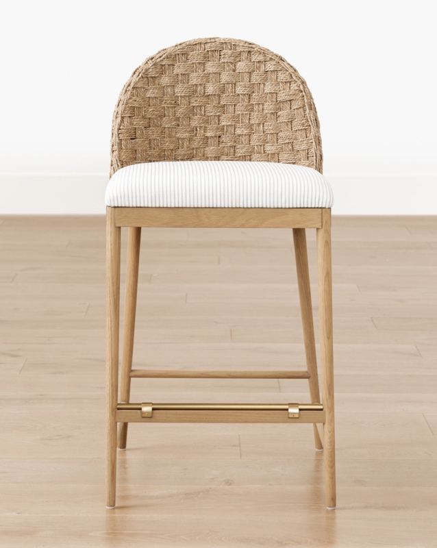 Counter Stool Woven Rope Back Ticking Stripe Seat Brass Footrest Oak