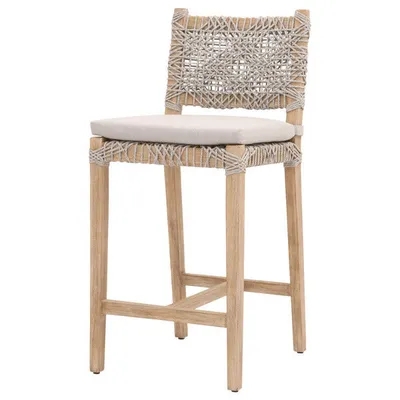 Counter Stool Woven Rope Backrest Natural Wood Frame Coastal Bohemian