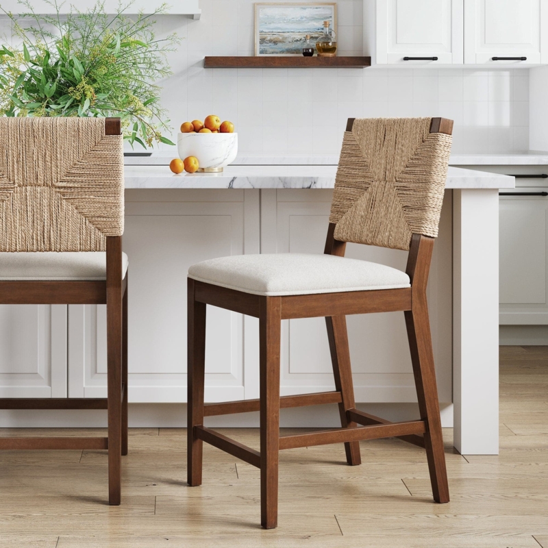 Counter Stool Woven Rope Diamond Pattern Back Cream Coastal Style
