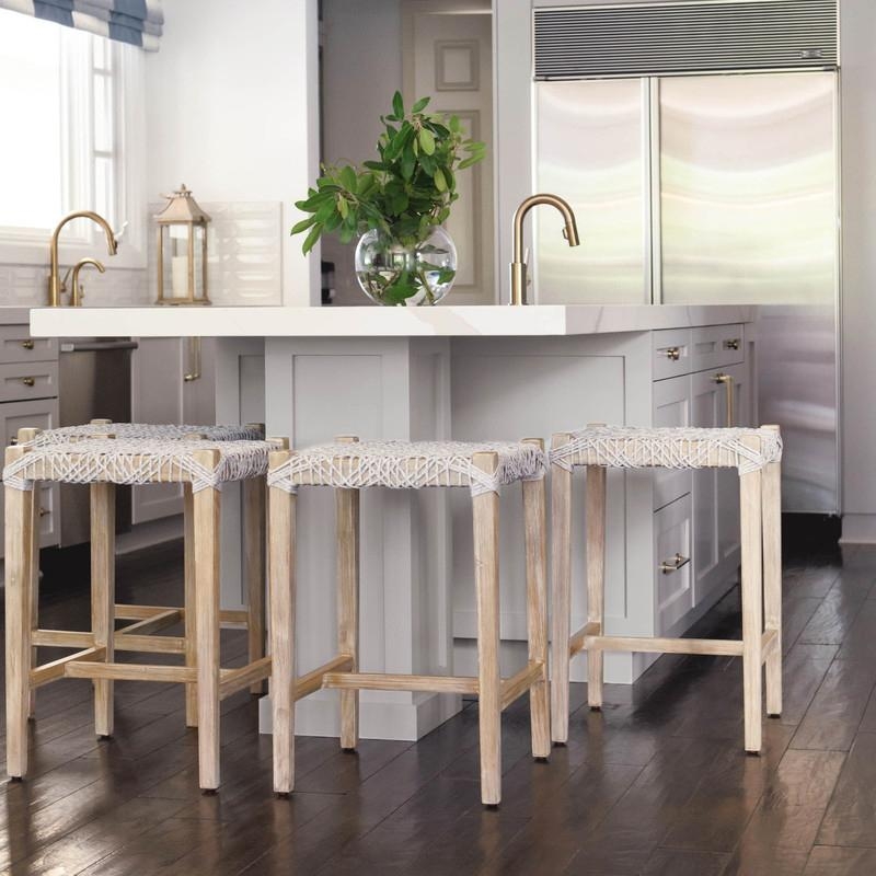Counter Stool Woven Rope Seat Backless Silhouette Whitewashed Frame Coastal