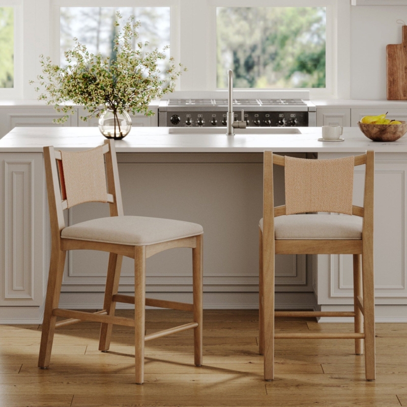 Counter Stool Woven Seagrass Backrest Light Oak Finish