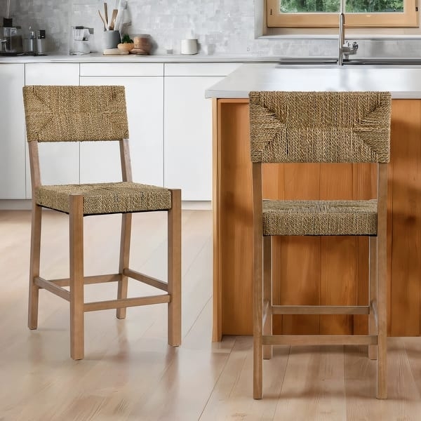 Counter Stool Woven Seagrass Envelope Back Pattern and Light Wood Frame