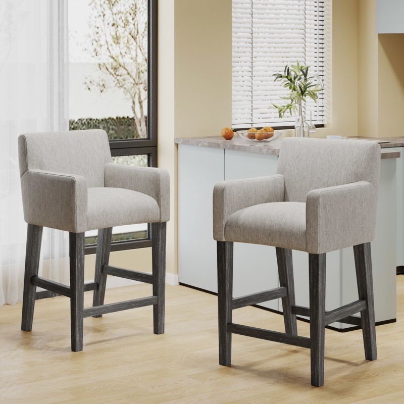Counter Stool Woven Upholstery, Track Arms, Distressed Legs, Transitional