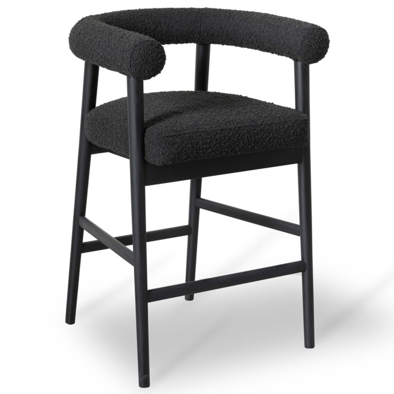 Counter Stool Wraparound Backrest Boucle Texture Matte Black Minimalist