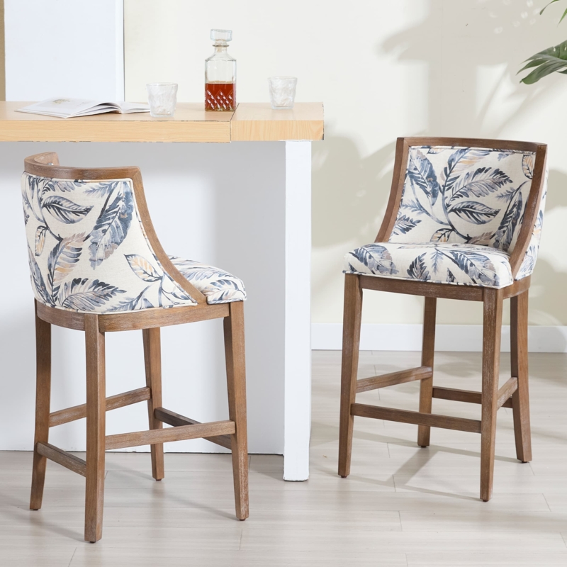 Counter Stools Blue Botanical Leaf Pattern Wood Frame