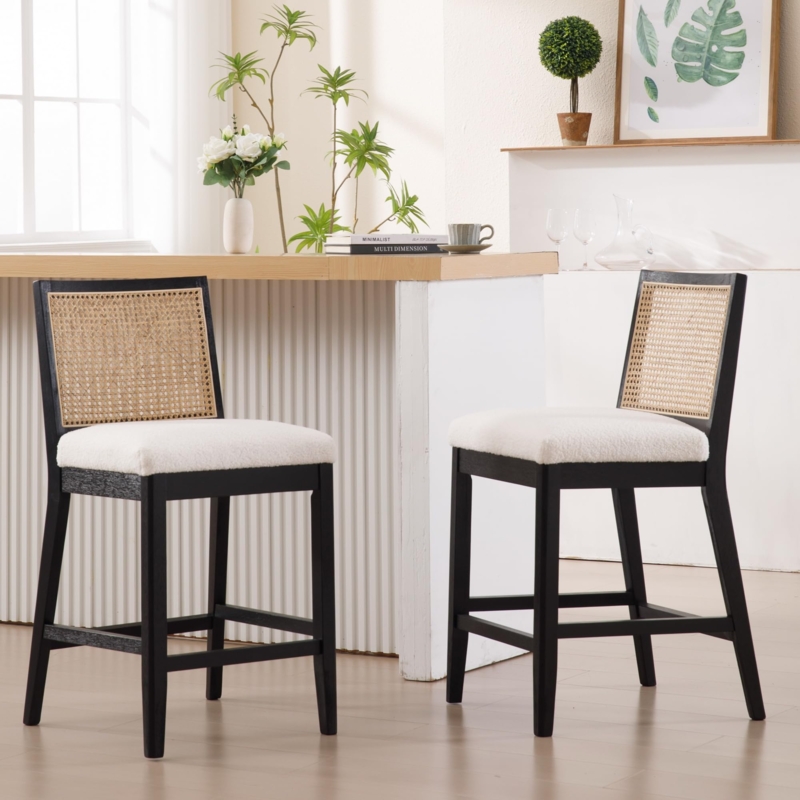 Counter Stools Boho Farmhouse Cane Backrest White Boucle Seat (68 characters)