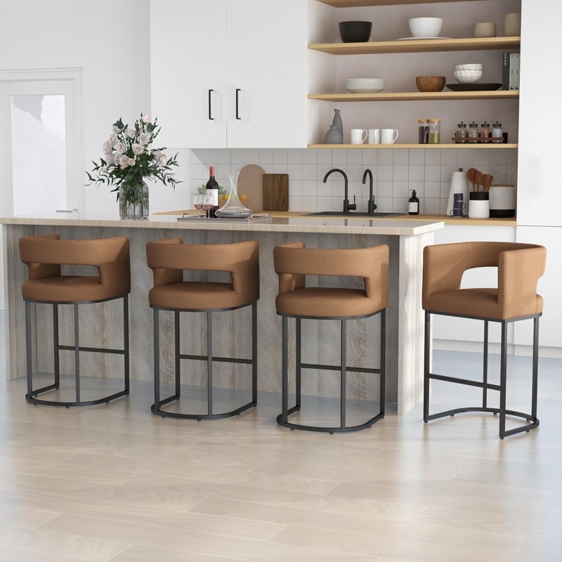 Counter Stools Brown Upholstered Half-Moon Back Matte Black Frame