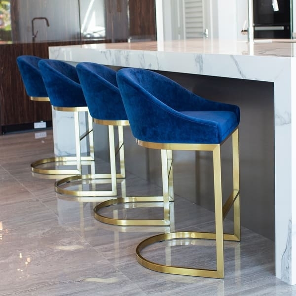 Counter Stools Cantilever Base Gold Toned Velvet Texture Mid Century