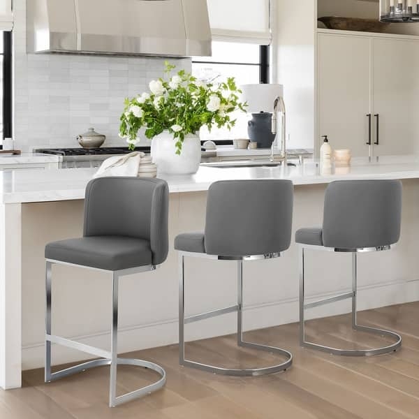 Counter Stools Chrome C-Frame Cantilever Grey Upholstered Kitchen