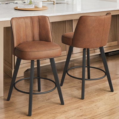 Counter Stools Cognac Faux Leather Channel Tufted Swivel Base