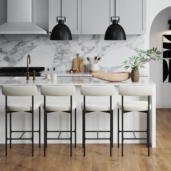 Counter Stools Cream Boucle Texture Black Metal Frame Tapered (69 characters)