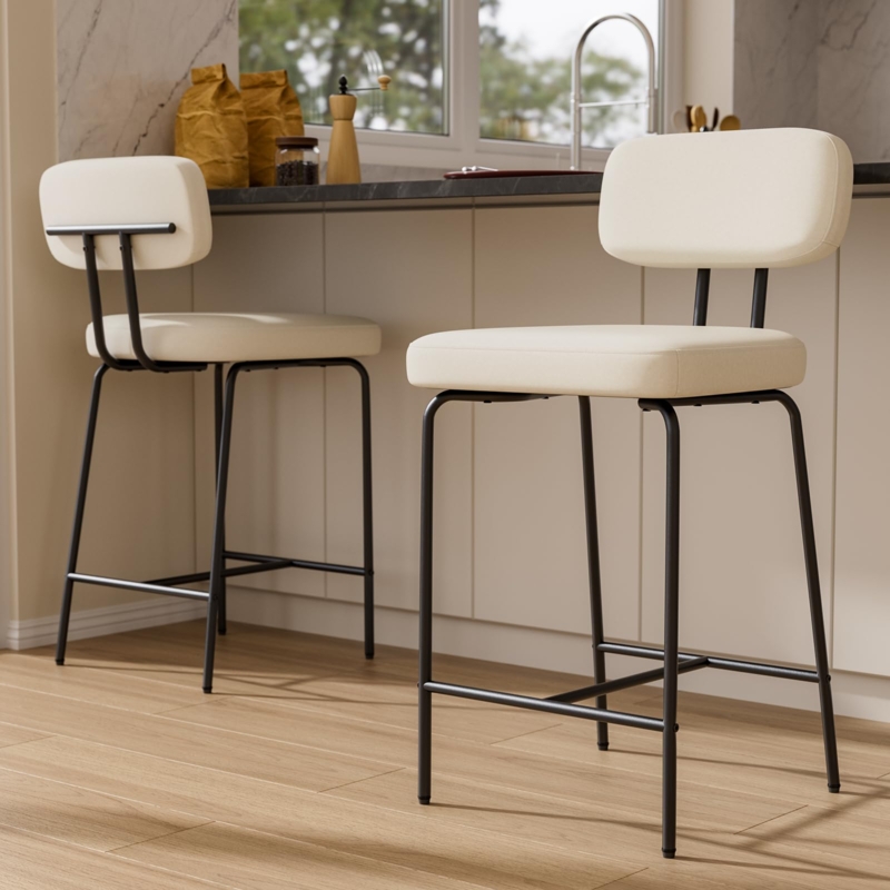 Counter Stools Cream Upholstered Rectangular Back Matte Black Frame