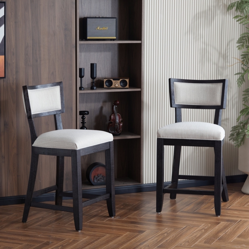 Counter Stools Dark Wood Frame Upholstered Back Insert Transitional