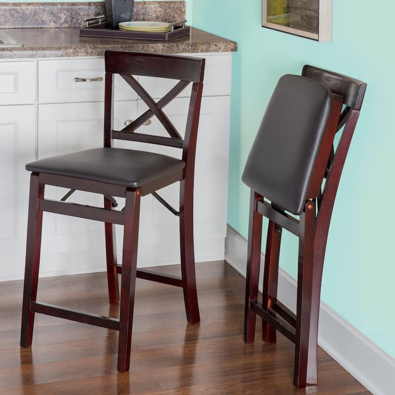 Counter Stools Folding Dark Espresso X Back Tapered Legs Padded Seat