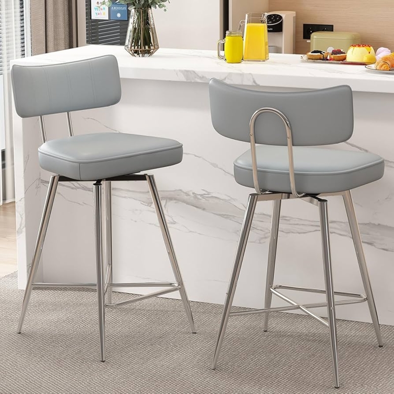 Counter Stools Gray Curved Back Swivel Polished Chrome Tapered Legs