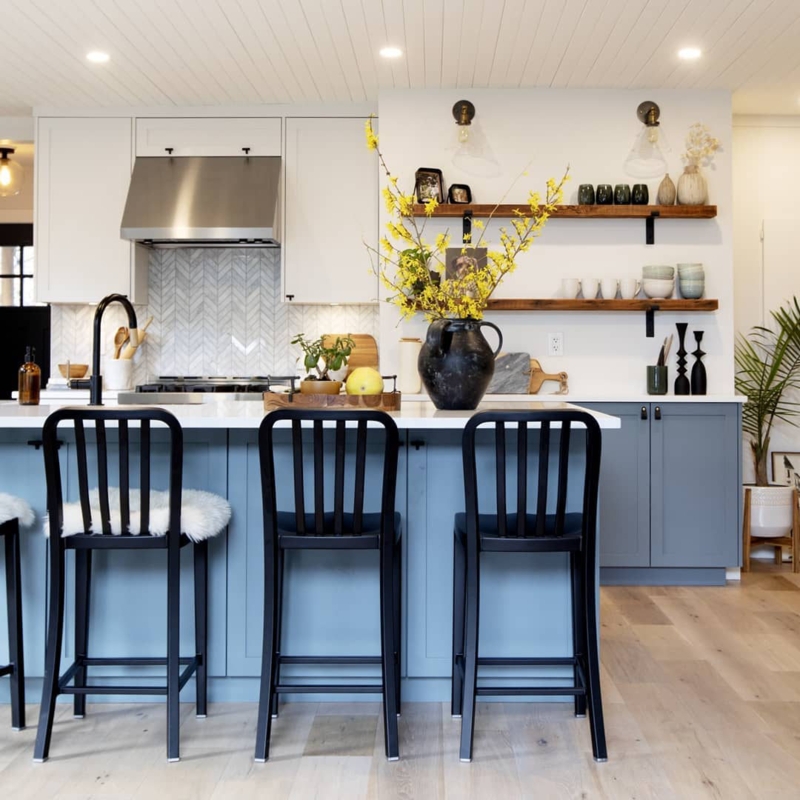 Counter Stools Herringbone Backsplash Slat Back Transitional Kitchen