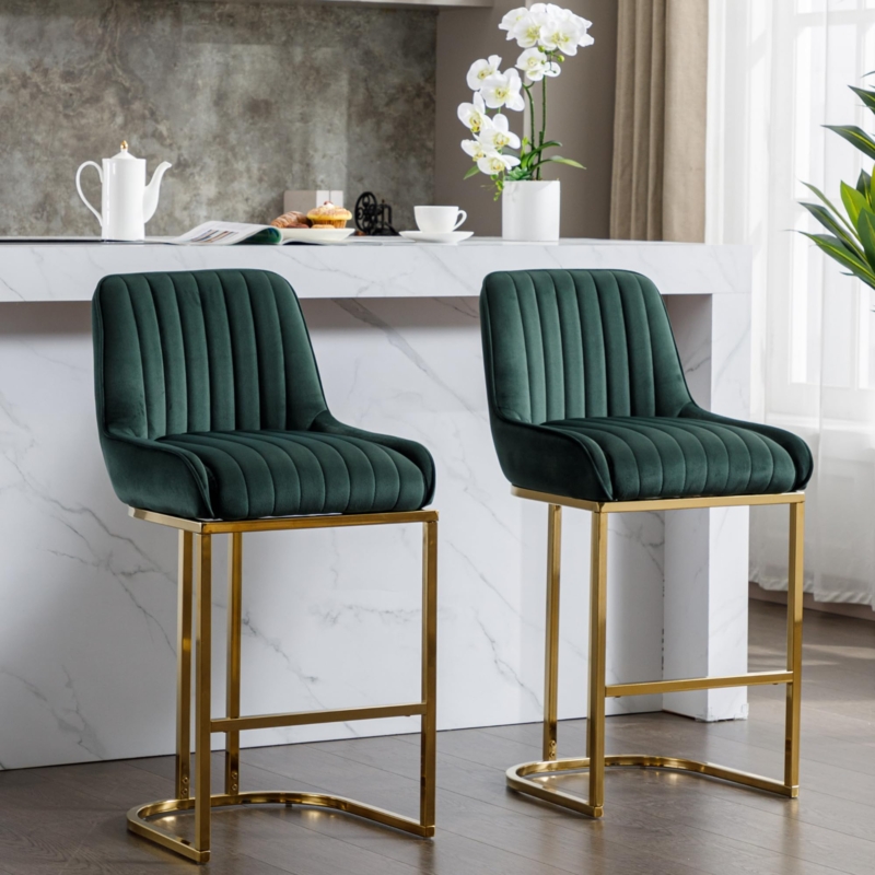 Counter Stools Modern Glam Emerald Green Velvet Gold C-Shaped Base Set