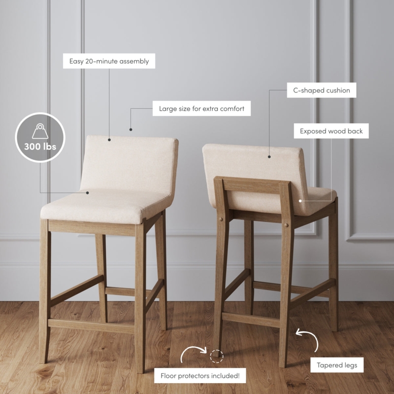 Counter Stools Natural Flax Upholstery C-Shaped Cushion Brushed Wood