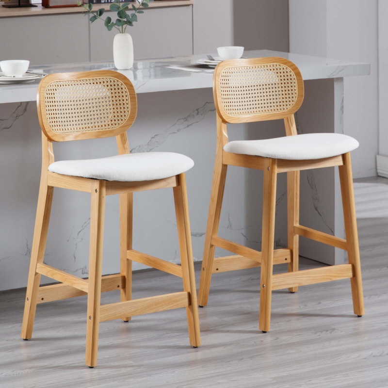Counter Stools Natural Wood Frame Woven Rattan Back White Seat