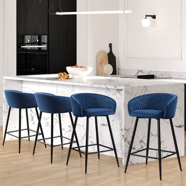Counter Stools Navy Velvet Diamond Quilted Back Integrated Arms