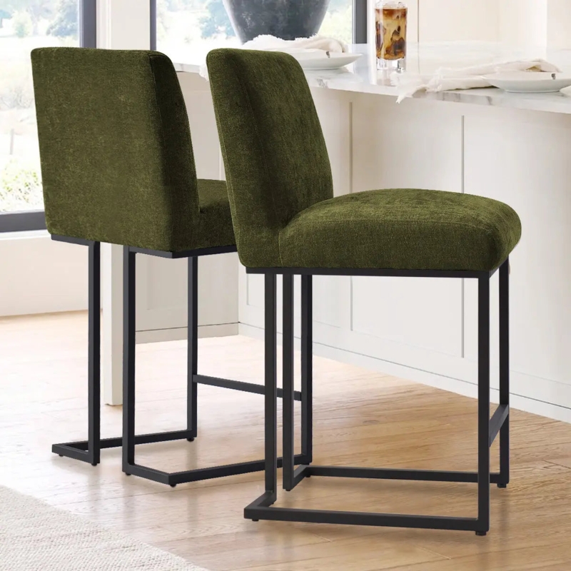 Counter Stools Olive Green Textured Fabric Sled Base Matte Black Metal