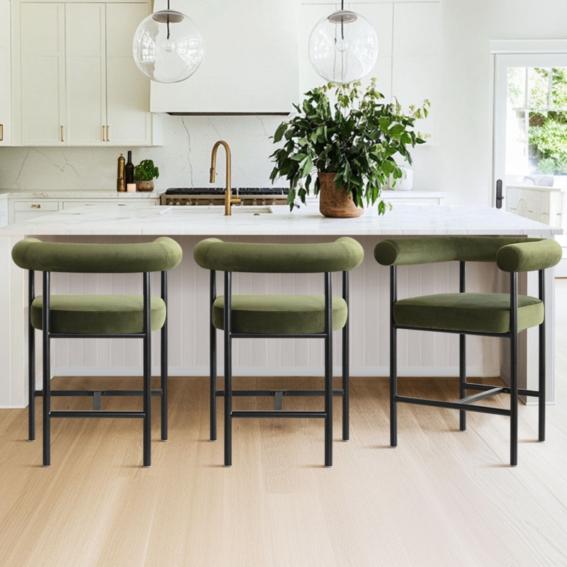 Counter Stools Olive Green Velvet Curved Backrest Black Metal Frame