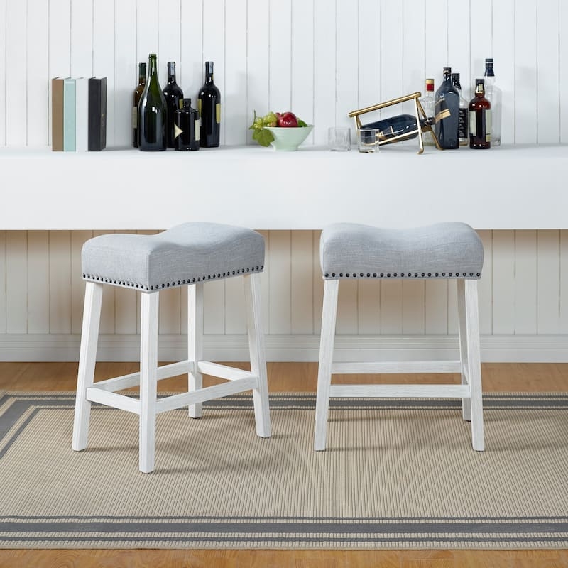 Counter Stools Saddle Seat Backless Nailhead Whitewashed Wood