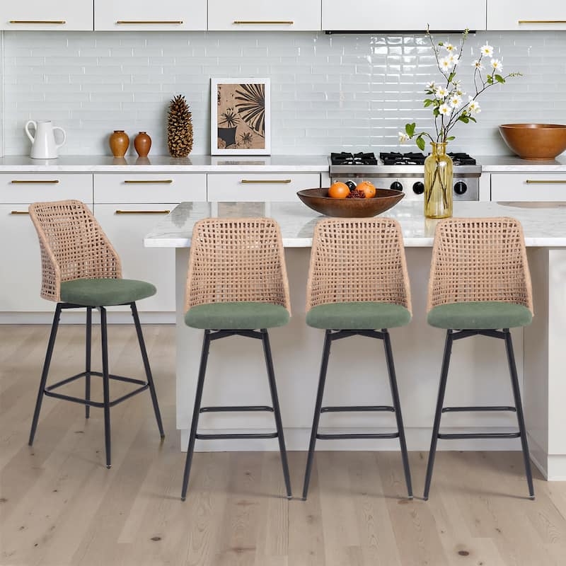 Counter Stools Sage Green Cushion Woven Wicker Swivel Coastal Modern