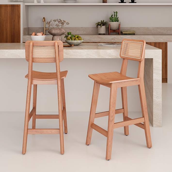 Counter Stools Scandinavian Natural Wood Woven Cane Back Curved Seat
