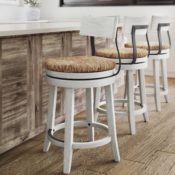 Counter Stools Seagrass Seat Swivel Whitewashed Wood Farmhouse