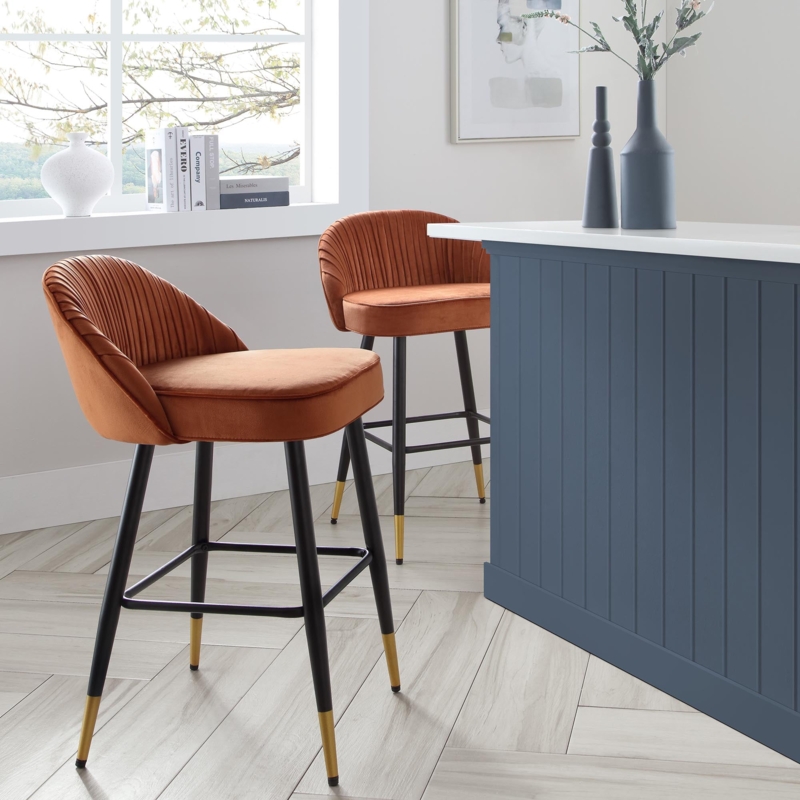 Counter Stools Set of 2, Pleated Back, Burnt Orange Velvet